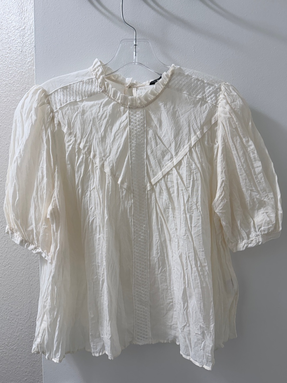 Zara Cream Ruffled High-Neck Puff Sleeve Blouse